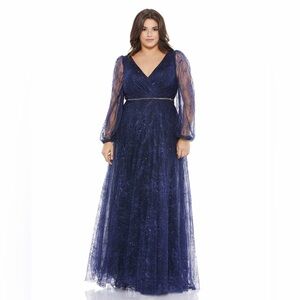 NWT $598 MAC DUGGAL SHEER SLEEVES BEADED NAVY MAXI LONG GOWN DRESS LACE 67755